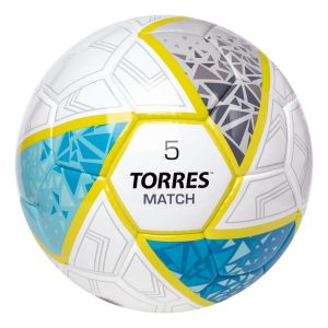 Мяч футбольный Torres Match F323975, 32 пан. ПУ, 4 под. слоя, ручн. сшивка, разм. 5, бел/сер/голубой