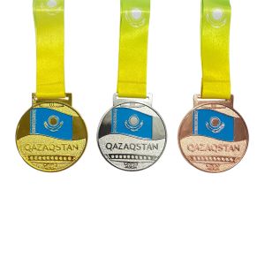 Медаль 6,5 см "QAZAQSTAN + Флаг" M-2, фиолетово-зеленая лента
