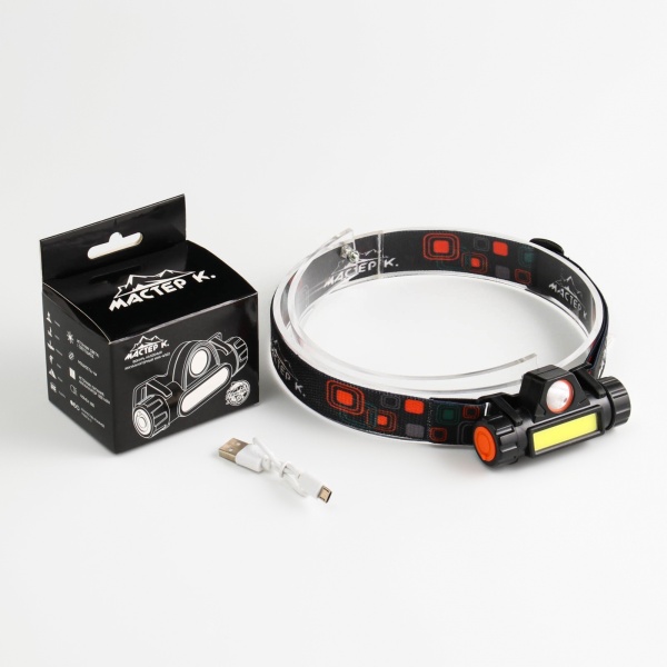 Фонарь налобный Мастер К. BR023, 5 Вт, 1200 мАч, 3 режима, MicroUSB, черный