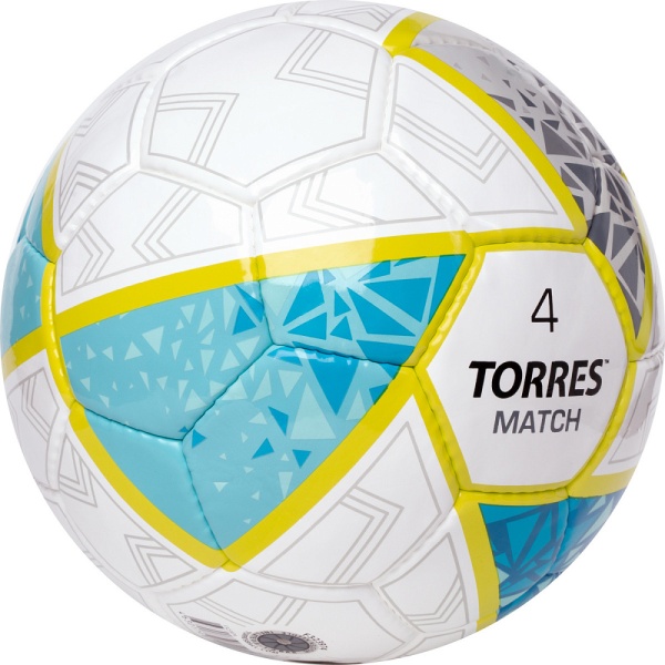 Мяч футбольный Torres Match F323974, 32 пан. ПУ, 4 под. слоя, ручн. сшивка, разм. 4, бел/сер/голубой Мяч футбольный Torres Match F323974, 32 пан. ПУ, 4 под. слоя, ручн. сшивка, разм. 4, бел/сер/голубой