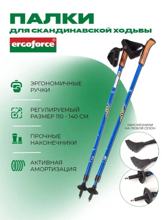Палки для скандинавской ходьбы Ergoforce Nordic E-0673, 2-х секционные, алюм., 110 - 140 см, синий